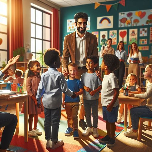 A welcoming classroom environment where a teacher interacts with children, with a tour group in the background, bright and inviting colors