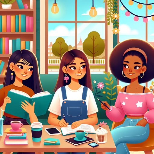 A vibrant and lively illustration of diverse college girls engaging in various activities like studying, socializing, and exploring. The setting should reflect a college environment with books, coffee, and a pleasant atmosphere.