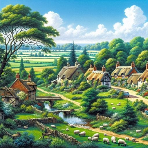 Create a picturesque landscape of Suffolk villages with rustic houses, lush greenery, and the English countryside under a bright blue sky.