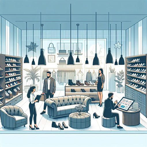 An engaging quiz background image that depicts retail concepts, showcasing furniture and footwear, possibly including elements like customer interactions and sales reports, with a modern and clean design.