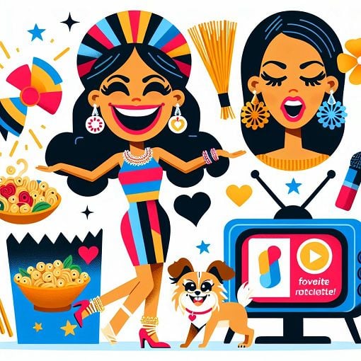 A vibrant and fun illustration of a cheerful woman surrounded by her favorite things like pasta, a TV, a dog, and colorful fashion accessories.