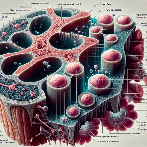 An educational illustration featuring bone and cartilage structure, highlighting osteoclasts and chondrocytes, in a scientific style.