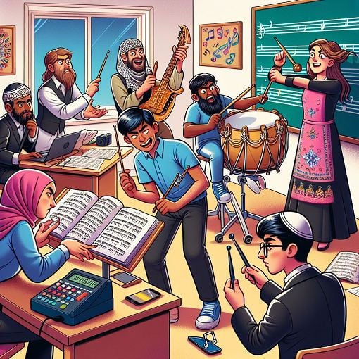 A colorful and humorous illustration of a music class setting featuring diverse students engaged in various activities related to cantorial studies, with playful elements reflecting their personalities.