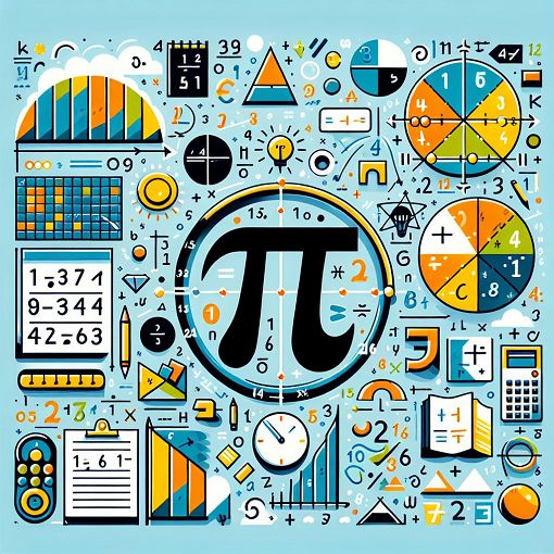 An educational illustration showcasing mathematical concepts such as Pi, Euler's number, the Golden Ratio, and basic arithmetic operations, with a colorful and engaging design.