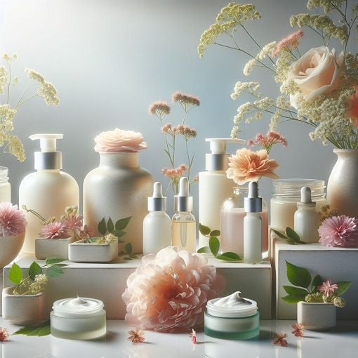 A beautifully arranged collection of Fresh skincare products with natural ingredients and flowers in the background, soft lighting, and a serene atmosphere.