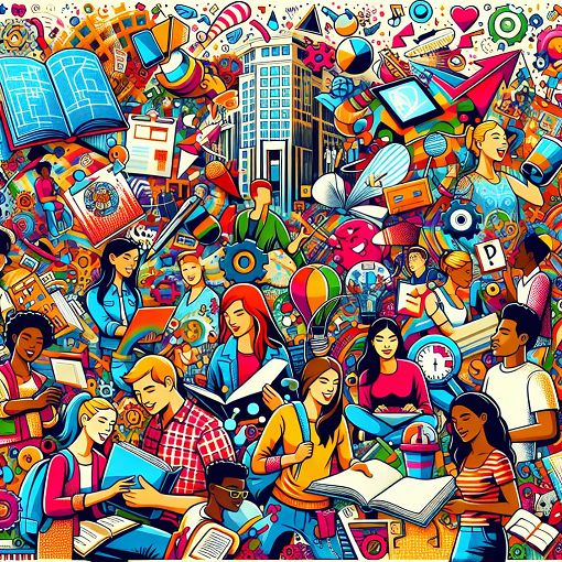 A vibrant and colorful illustration of college students engaging in various activities on campus, showcasing diversity in style, majors, and hobbies, with playful elements to reflect a fun and lively atmosphere.