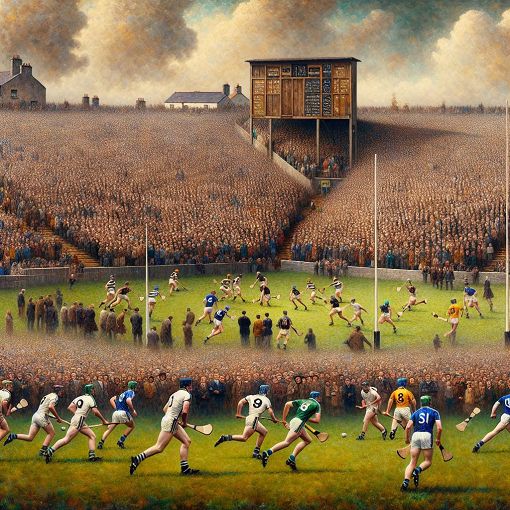 Generate an image of a hurling match in Offaly, Ireland, featuring players in action with a scoreboard highlighting top scorers, under a cloudy sky with spectators cheering in the background.