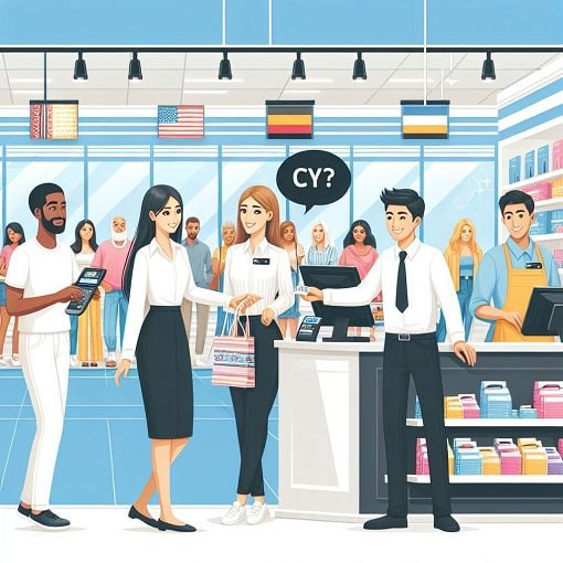 Create an engaging illustration of a diverse team providing excellent customer service in a retail environment, with happy customers interacting with staff, vibrant store layout, and visible customer service elements like fitting rooms and checkout counters.