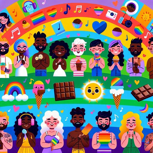 A vibrant and fun illustration featuring a colorful rainbow background with various characters representing different LGBTQ+ identities, each holding a music icon, a chocolate bar, and an ice cream cone, all celebrating pride and individuality.