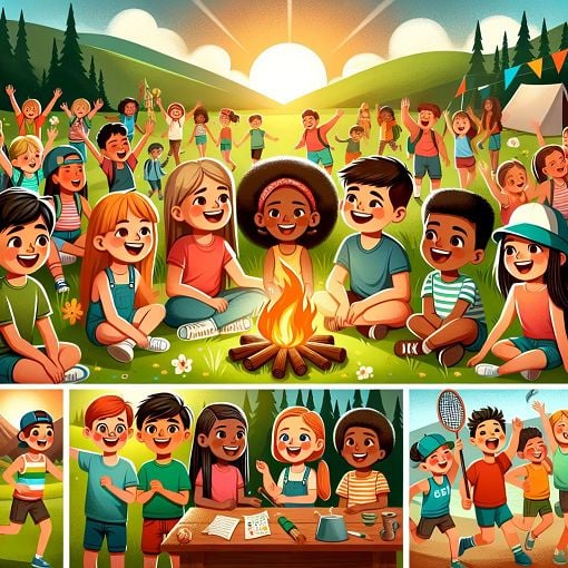 Create an engaging image of a vibrant and fun summer camp setting with children participating in various outdoor activities like hiking, singing around a campfire, and playing games, with a happy and lively atmosphere.