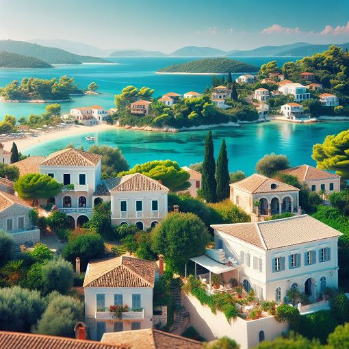 A stunning landscape of Lefkada, showcasing famous beaches and traditional architecture under a clear blue sky.