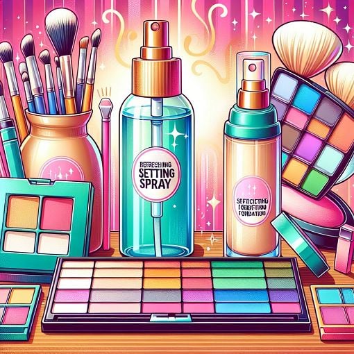 Create an illustration of a vibrant makeup vanity featuring Too Faced products, including the Hangover setting spray, Born This Way foundation, and Sweet Peach palette, set against a colorful and playful background.