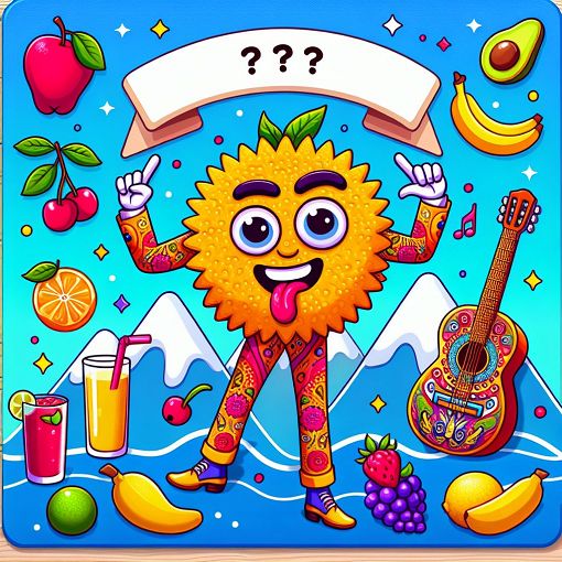 Create an illustration of a quirky, humorous character named C?lin, with elements representing his interests like fruits, guitars, and mountains in a vibrant, cartoonish style, suitable for a light-hearted quiz.