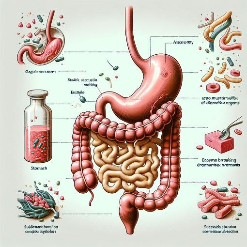 A detailed illustration of the human digestive system highlighting the stomach, intestines, and nutrient absorption processes, with a modern educational style.