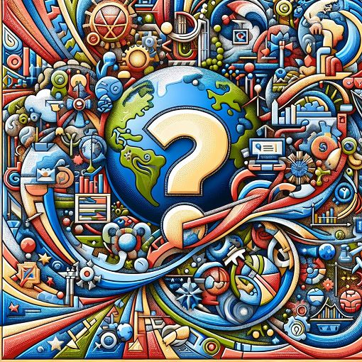 An educational and engaging illustration depicting various aspects of current affairs, including politics, international relations, and environmental themes, with vibrant colors and a quiz-related design.