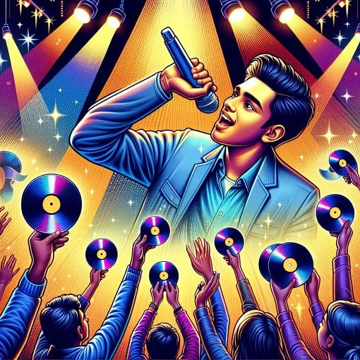 A vibrant and engaging illustration of a young male singer performing on stage, surrounded by fans holding up album covers, under colorful lights in a concert setting, capturing the essence of modern music culture.