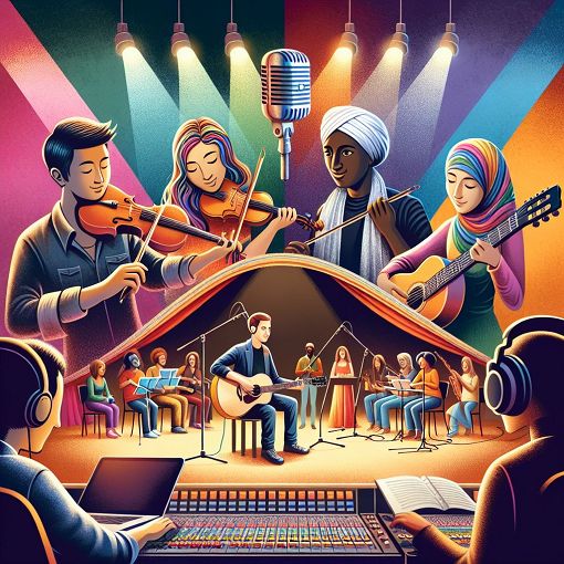 A vibrant and creative illustration depicting various aspects of a music career, featuring instruments, a stage, and people collaborating in a studio setting.