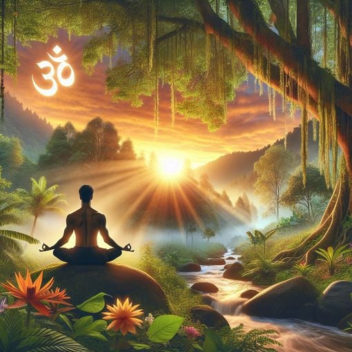 A serene yoga scene with a person practicing at sunrise, surrounded by nature, symbolizing the Eight Limbs of Yoga in harmony.