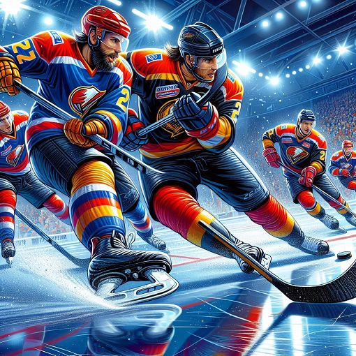 An engaging illustration depicting the excitement of KHL ice hockey, featuring players in action, a frozen rink, and vibrant team colors.