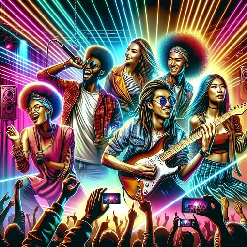 A vibrant and colorful digital artwork featuring a diverse group of stylish young people having fun at a concert, with an Asian aesthetic, expressing joy and friendship, inspired by K-pop culture.