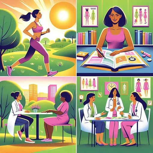 Create an illustration of diverse women engaged in various health-related activities, such as exercising, discussing health topics, and visiting a doctor, with a vibrant and positive atmosphere.