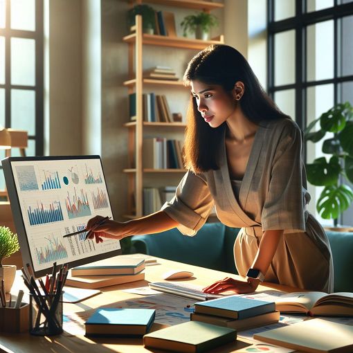 A modern and sleek illustration of a financial analyst reviewing charts and graphs on a computer, with books related to finance and investment scattered on a desk, in a vibrant office setting.