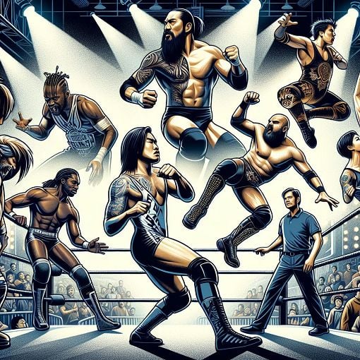 A vibrant illustration featuring various professional wrestlers in action, showcasing different wrestling styles and gear, with a backdrop of a wrestling ring.