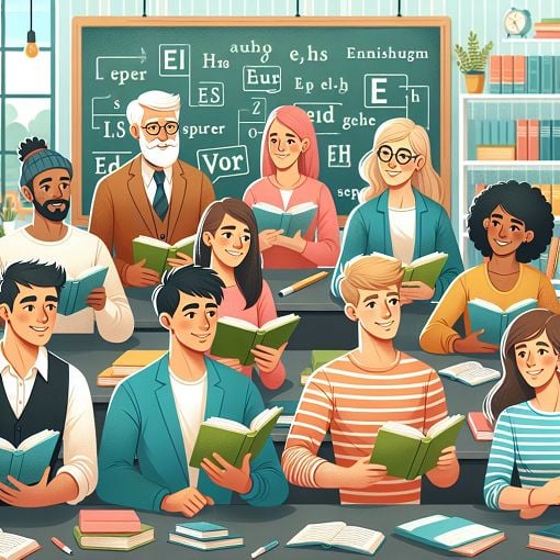 An educational illustration showing various English tenses and a group of people engaged in a lively learning environment, with books and a chalkboard in the background. Bright and inviting colors.