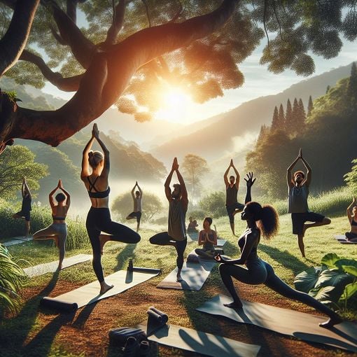 A serene yoga class surrounded by nature, depicting individuals of diverse backgrounds engaging in fluid movements and relaxation techniques, with a peaceful atmosphere emphasizing wellness and fitness.