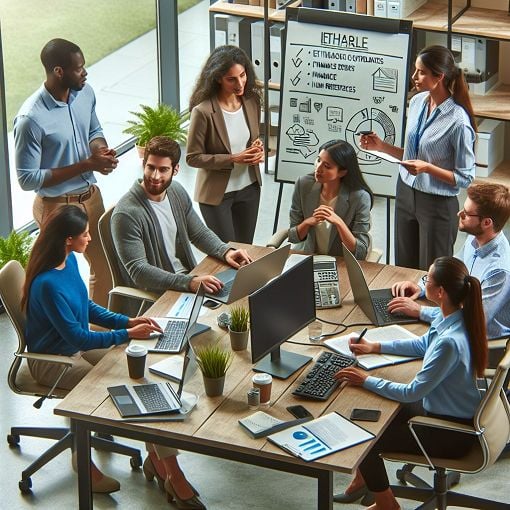 A corporate office environment with diverse employees engaged in a team meeting, discussing ethical guidelines and compliance in a vibrant atmosphere.