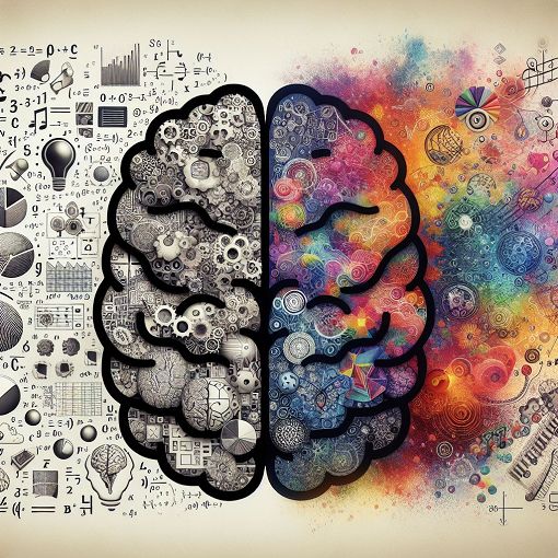 Create an abstract illustration representing brain dominance, featuring a split brain into two halves: one side displaying mathematical symbols and factual elements, and the other side showcasing artistic and imaginative designs.