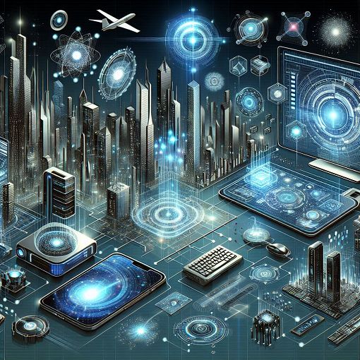 Create an illustration depicting various aspects of technology, such as computers, smartphones, and the internet, with a futuristic vibe.