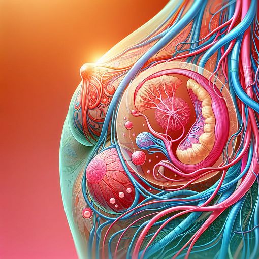 A detailed illustration of human anatomy focusing on mammary glands, placenta, and fetal circulation, vibrant colors, medical style