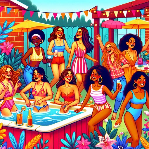 A vibrant, colorful illustration depicting a group of fun-loving young women at a lively backyard party, surrounded by drinks and a hot tub, with a playful and energetic atmosphere.