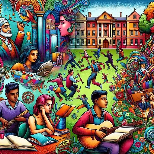 A colorful and whimsical illustration depicting diverse groups of people engaging in various activities related to music, literature, politics, and philosophy, set against a campus backdrop.