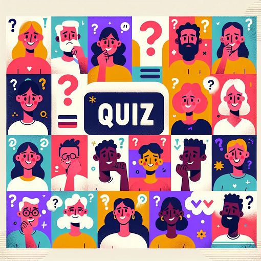 A vibrant, playful illustration depicting various quirky quiz questions and answers, with a light-hearted atmosphere and fun characters thinking and laughing.