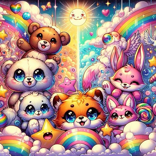 A colorful and playful illustration of various cute stuffed animals surrounded by vibrant colors and whimsical backgrounds, representing different personality types.