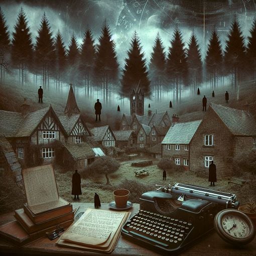 A surreal and moody illustration featuring elements from the psychological thriller genre, including a small town setting, dark woods, and symbolic objects like a typewriter, a notebook, and mysterious figures lurking in the background.