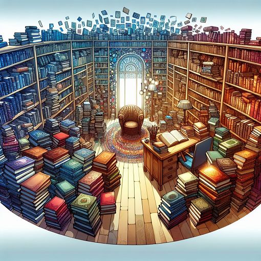 A vibrant and colorful illustration showing various book genres such as fiction, non-fiction, romance, horror, science fiction, and traditional literature in a library setting, inviting and engaging readers with books stacked around a cozy reading nook.