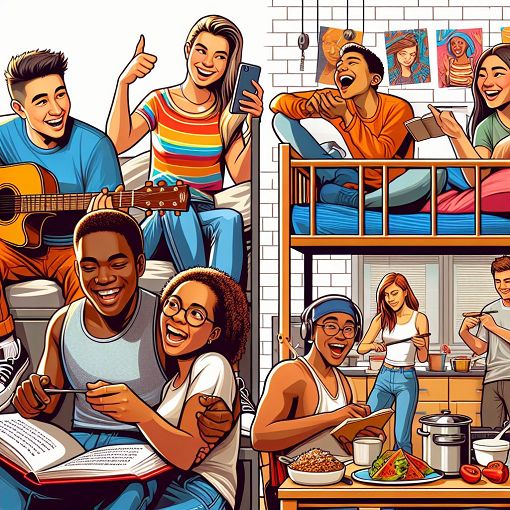 A vibrant and humorous illustration depicting a group of diverse college roommates enjoying various fun activities in a dorm setting.