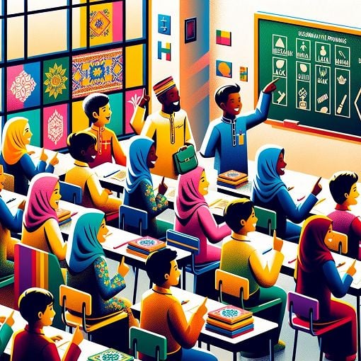 A colorful illustration of a classroom setting with students interacting and pointing at objects, emphasizing language learning, specifically focusing on demonstrative pronouns in Malay.