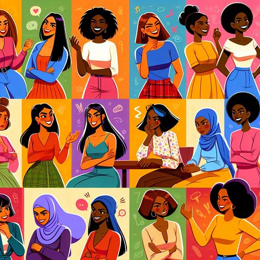 A vibrant and colorful illustration of a group of diverse and empowered women in a playful setting, reflecting different personalities and styles, with a whimsical, cartoon-like feel.