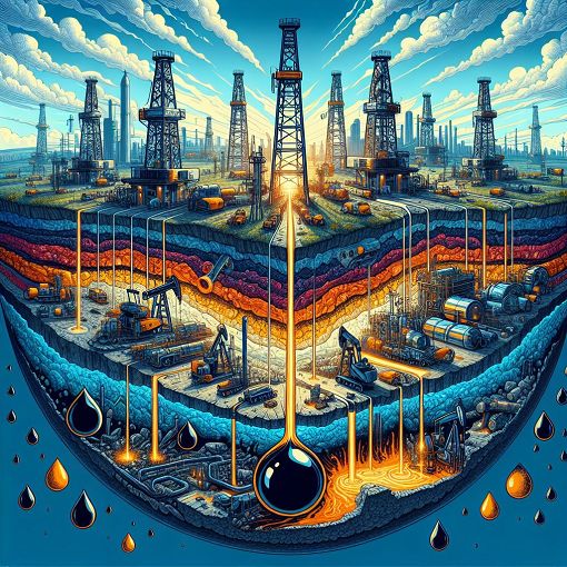 A vibrant illustration showing oil drilling rigs, oil reserves beneath the earth, and technological tools used in hydrocarbon extraction.