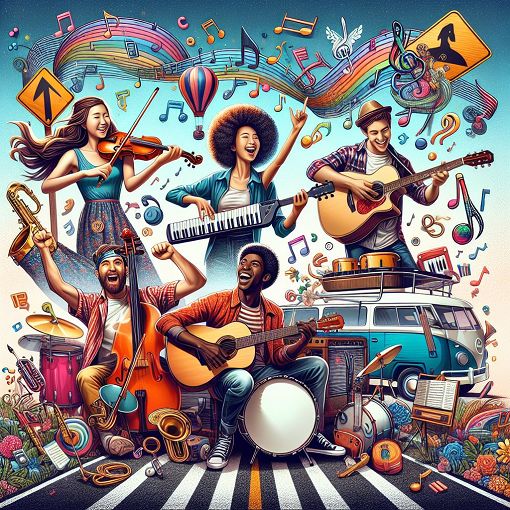 A group of young musicians celebrating together, with a colorful road trip themed background featuring musical instruments and playful elements.