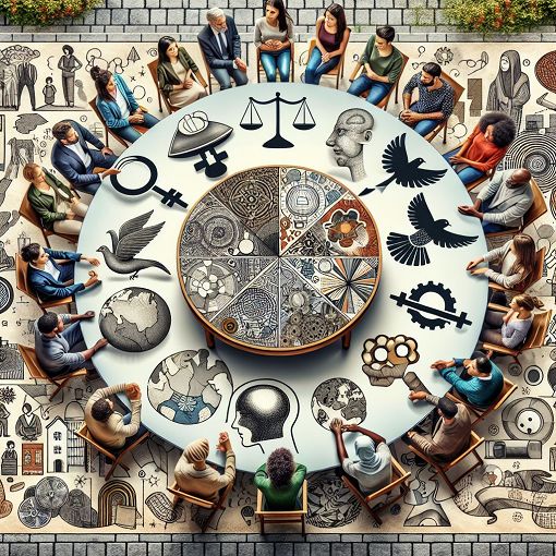 A vibrant and thought-provoking illustration reflecting sociology, featuring diverse people discussing social issues in an urban setting, with elements representing various social theories and philosophies.