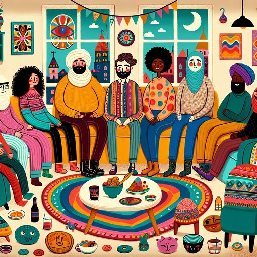 A whimsical, colorful illustration showing a group of fun and quirky friends hanging out in a warm, inviting living room with various playful furniture and snacks around them.