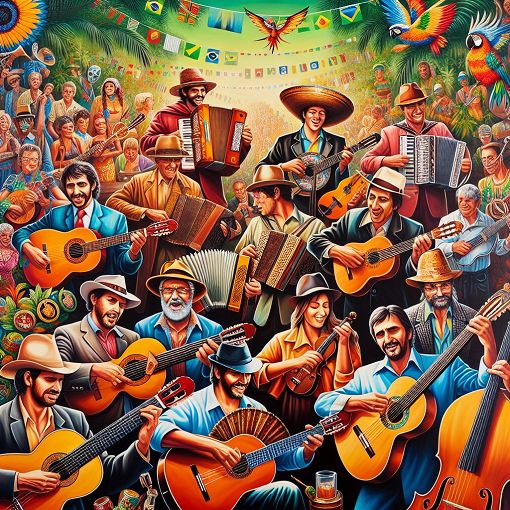 A colorful collage of famous Sertanejo artists performing on stage, with traditional instruments like the guitar, accordion, and viola in the foreground, set against a festive Brazilian backdrop.