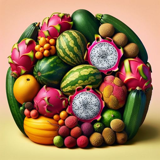 A vibrant, colorful display of various fruits and foods, including dragon fruit, lychee, and courgette, arranged in an appealing and artistic manner, bright colors, high detail, suitable for a quiz landing page.