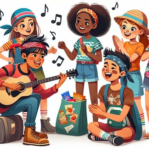 A colorful and vibrant illustration featuring a group of friends at summer camp wearing different styles of clothing, engaging in fun activities like singing, eating snacks, and laughing together.