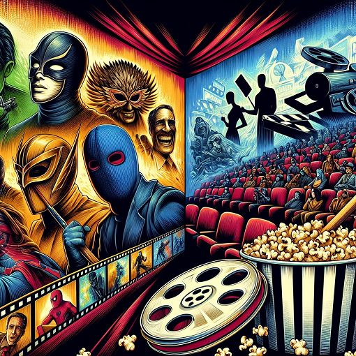 A colorful and engaging illustration of a cinema with a split scene showing superheroes, classic film directors, and iconic movie moments, with a film reel and popcorn in the foreground.